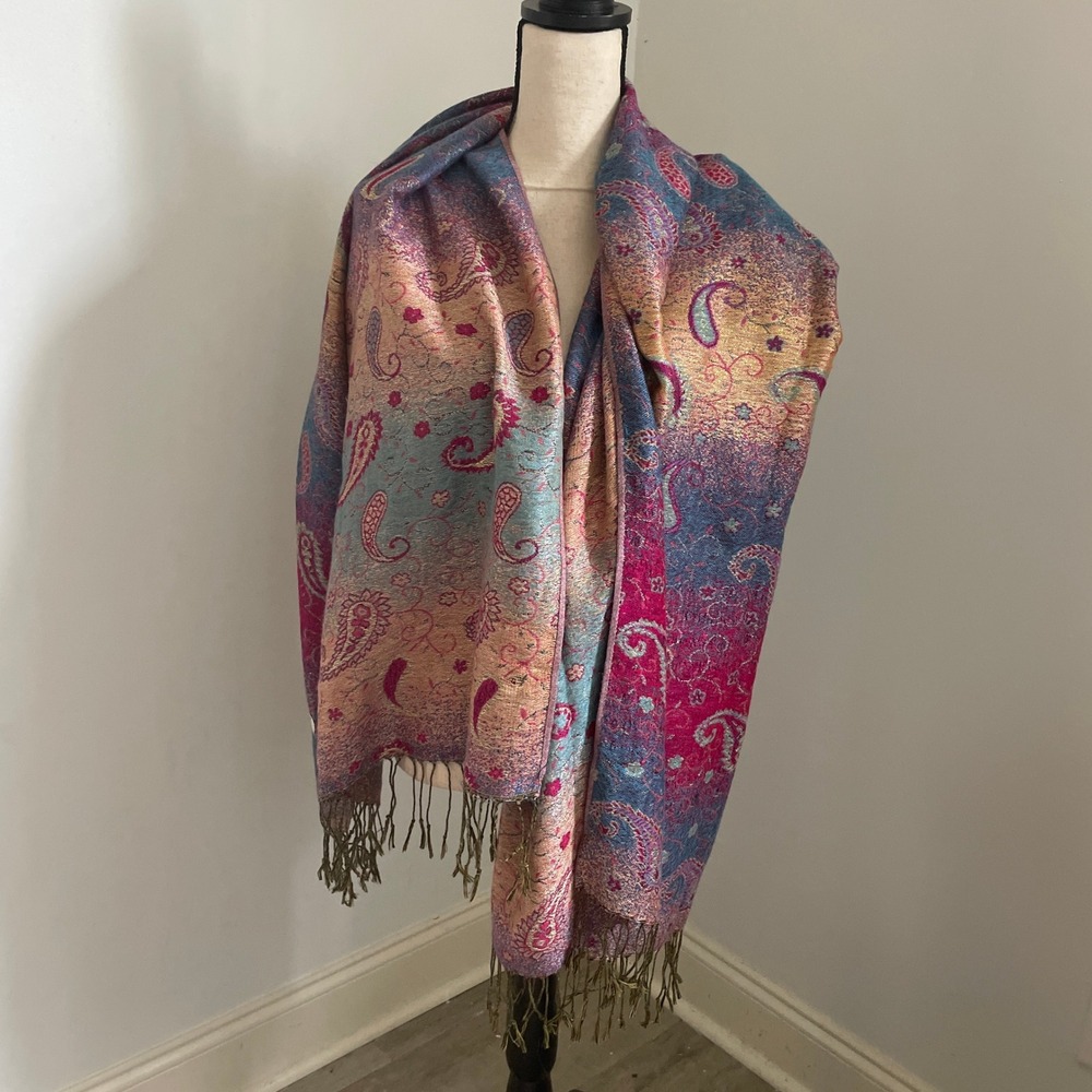 Pashmina Silk Shawl Paisley Print Lightweight Fringe Stole Boho Chic Artsy Wrap - Picture 12 of 12